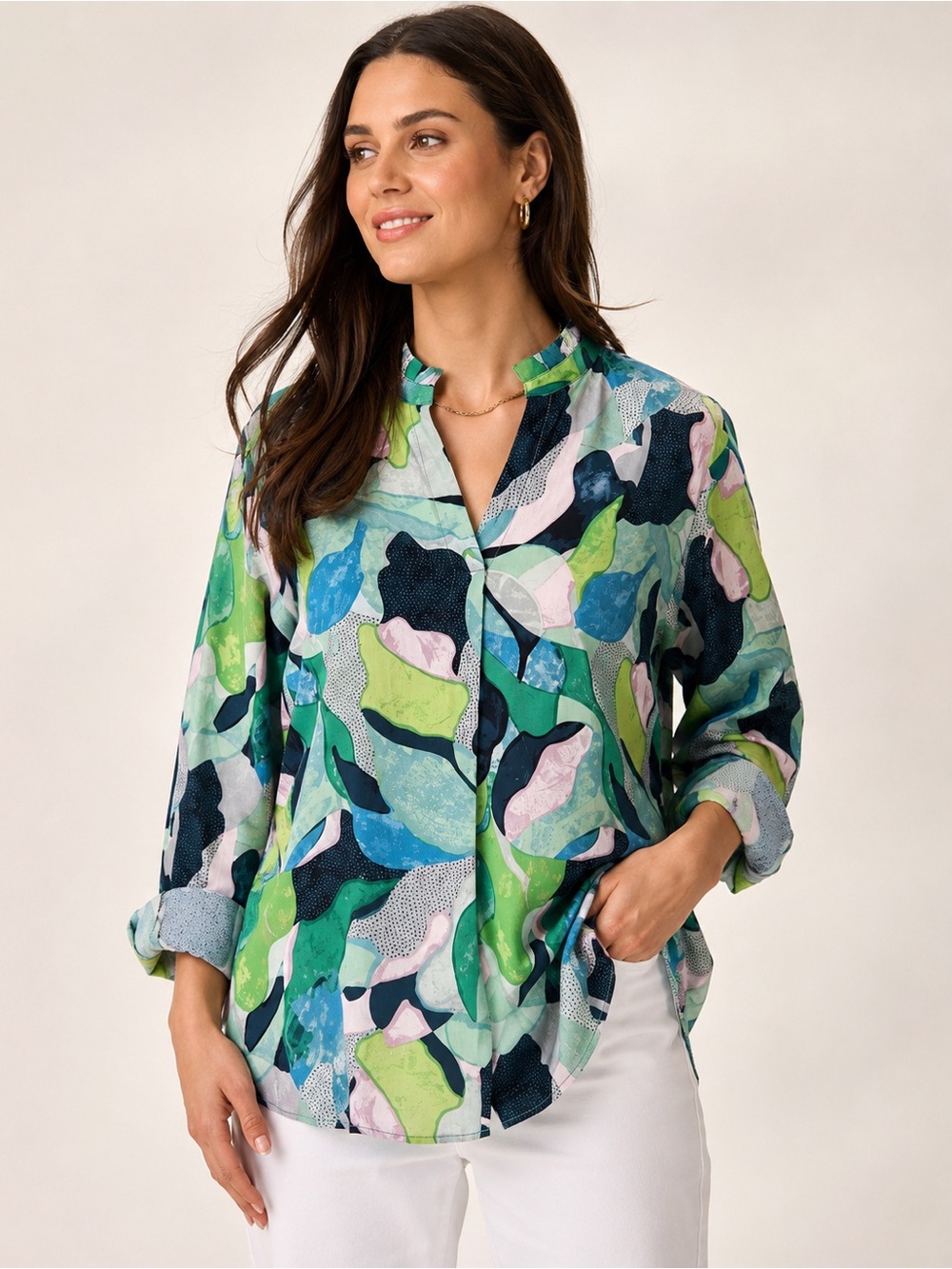 NIC+ZOE Coastal Abstract Print Long Sleeve Blouse Size S